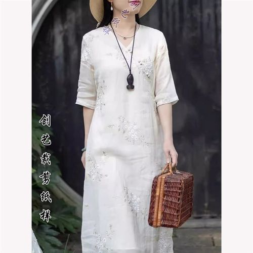 纸样 E108苎麻连衣裙女夏季新中式国H风改良旗袍小个子a字裙裁剪