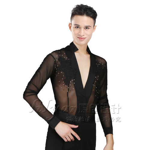 新款拉丁舞衣男士表演服长袖网纱镂空黑色绣花V上衣演出服亮钻