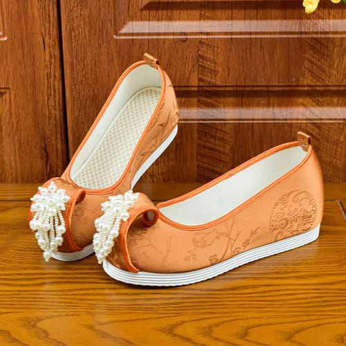 锦袍仙汉服鞋子女增o高串珠古装绣花鞋古风圆头珠花布鞋复古结婚