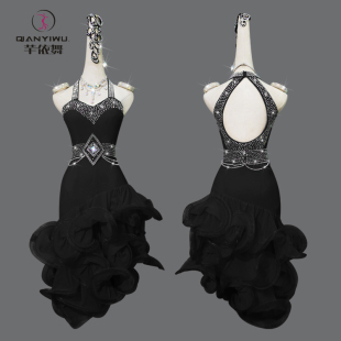 标准艺考儿童花服 专业舞蹈表演出比赛服装 新款 黑色拉丁舞j裙女式