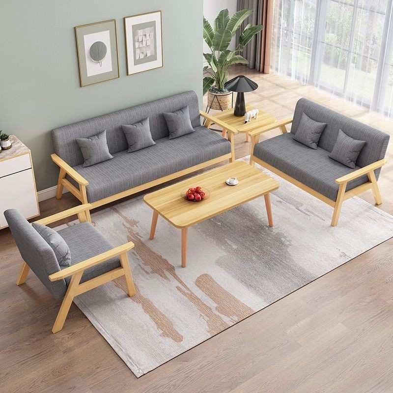 实木沙发茶几组合双人布艺三人办公出租房套装小户型客厅现代简约