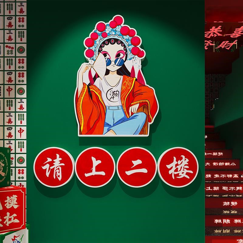 欢迎光临墙贴纸挂画楼梯二楼指示牌国潮餐饮文化火锅饭店墙面装饰