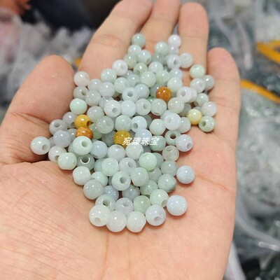 天然缅甸翡翠a货绿白色大孔玉珠子散珠圆珠diy手工编织手项链配件