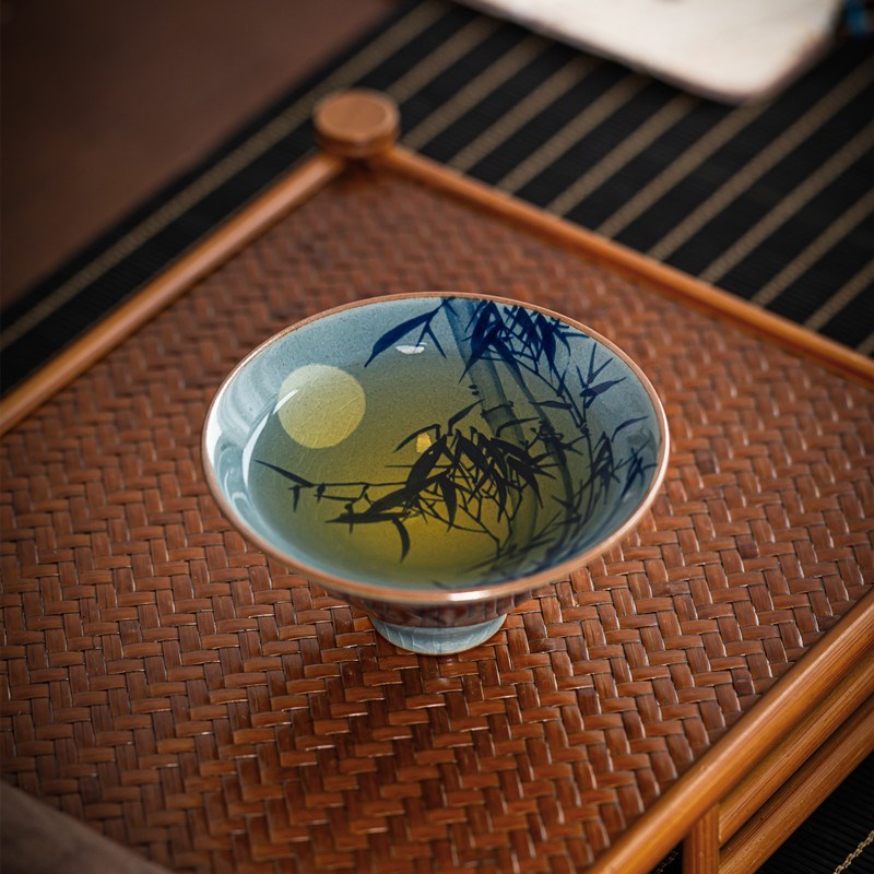 青花釉下彩手绘竹子主人杯陶瓷茶杯老陶泥柴烧斗笠杯茶具中式单杯