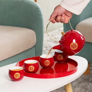 焖茶壶女方陪嫁茶具新婚礼物送新人 结婚红色茶壶敬茶杯喜碗筷套装