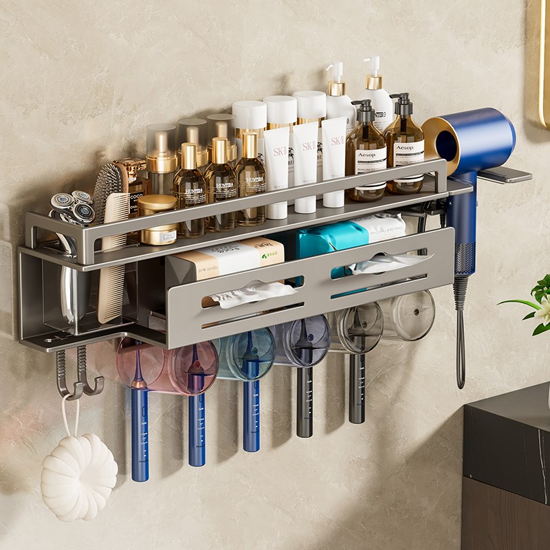 卫生间牙刷架子置物架免打孔壁挂式多功能吹风机支架洗脸巾收纳架