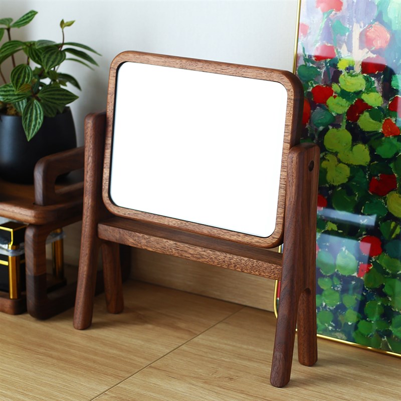 黑胡桃实木化妆镜台式桌面折叠梳妆镜便携随身简约原木高清镜子