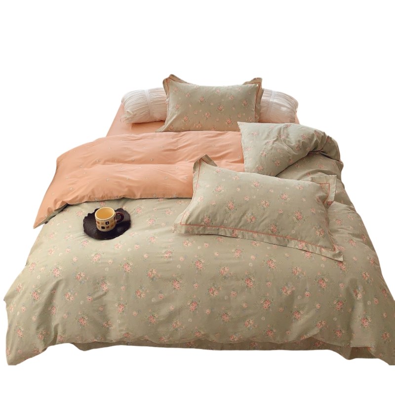 2025新款ins浪漫淡绿碎花床上四件套纯棉全棉被套床单宿舍三件套