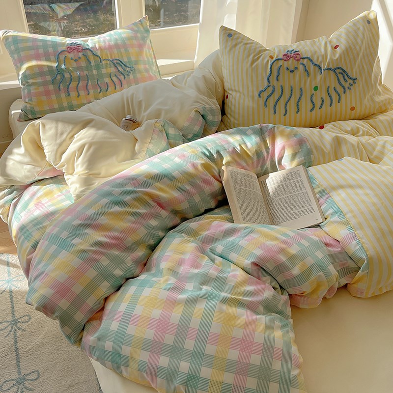 奶油少女心水洗棉四件套彩色波点毛巾绣床单被套2025新款床上用品