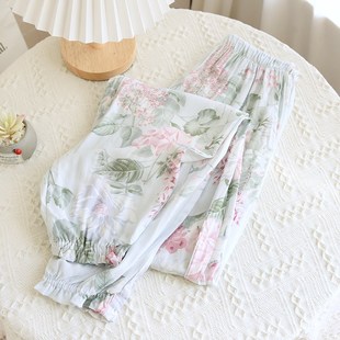 夏季超薄人造棉睡裤女棉绸长裤收口大码加肥碎花防蚊束口空调裤