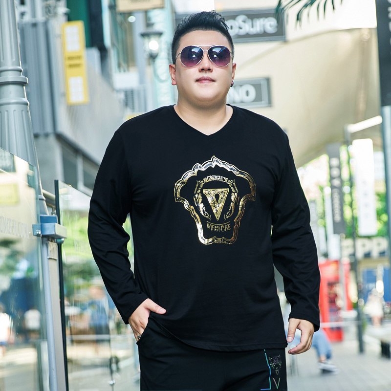 2024秋装男士长袖V领T恤加肥加大码超大号宽松纯棉特大号体恤加绒