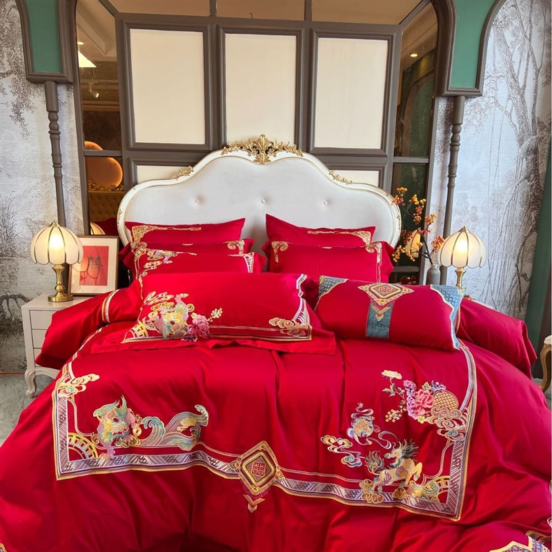 全棉结婚四件套婚床上用品大红色新婚婚庆床品六件套刺绣婚嫁喜被