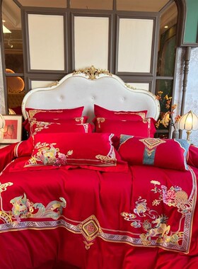 全棉结婚四件套婚床上用品大红色新婚婚庆床品六件套刺绣婚嫁喜被