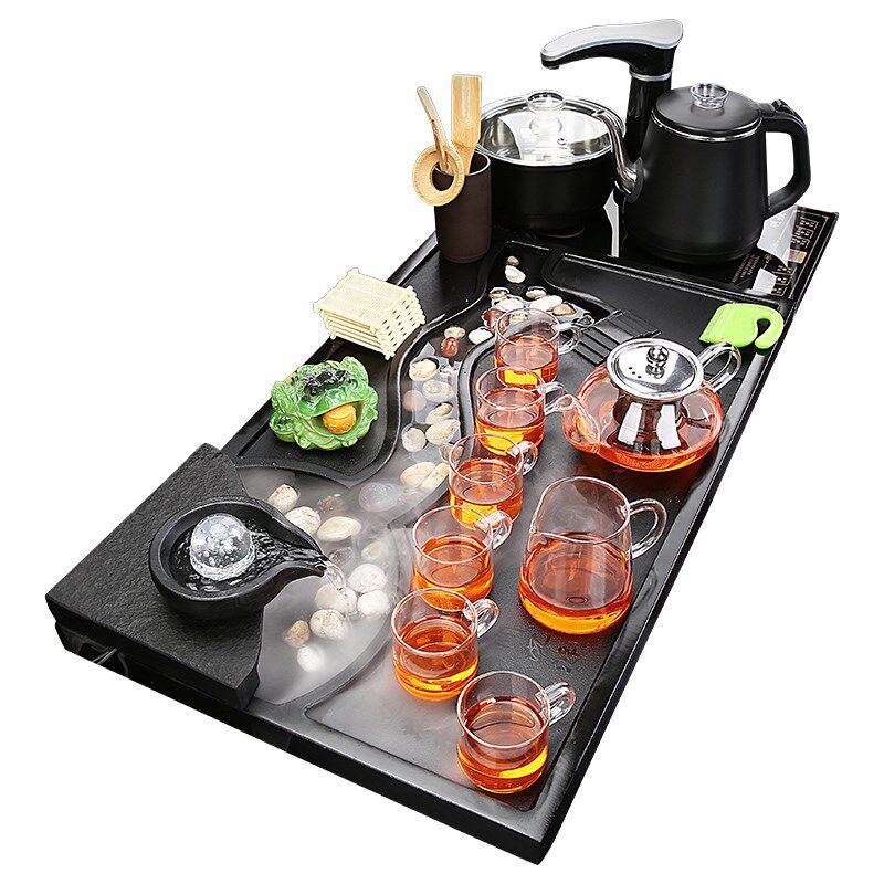 新款天然乌金石茶盘茶具套装家用简约雾化流水石茶台办公陶瓷喝茶