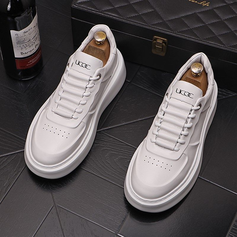 新品男士圆头小白鞋时尚厚底潮男单鞋系带休N闲板鞋低帮青年男鞋