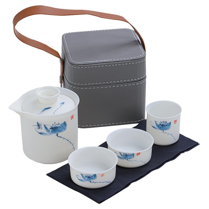 户外旅行陶瓷茶具便携小套装素烧手绘蓝荷羊脂玉白瓷一壶三杯带包
