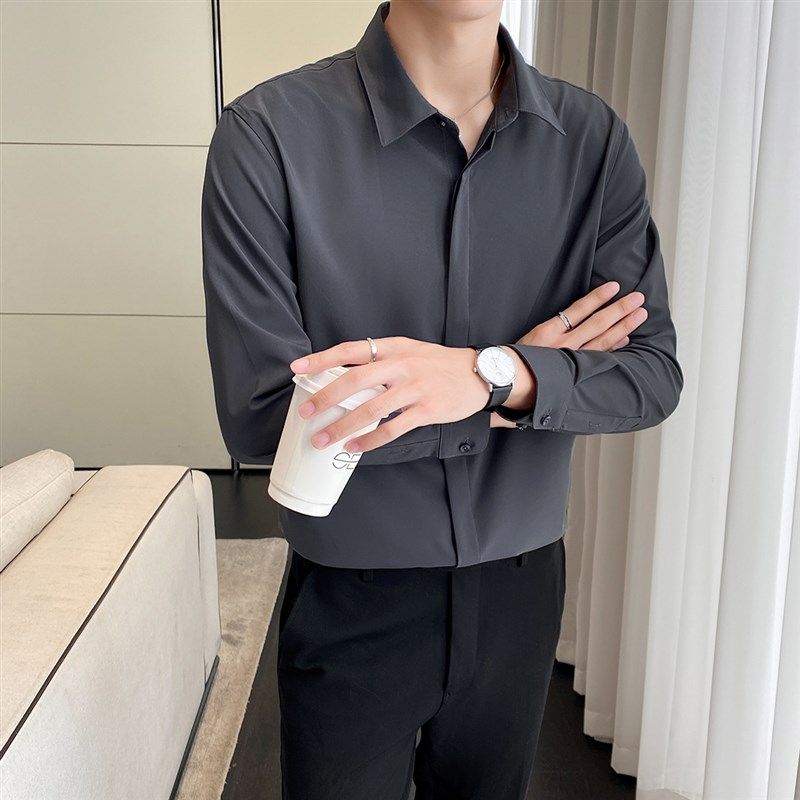 暗扣衬衫男长袖轻熟风内搭高级垂感免烫打底衬衣胖人显瘦秋装68