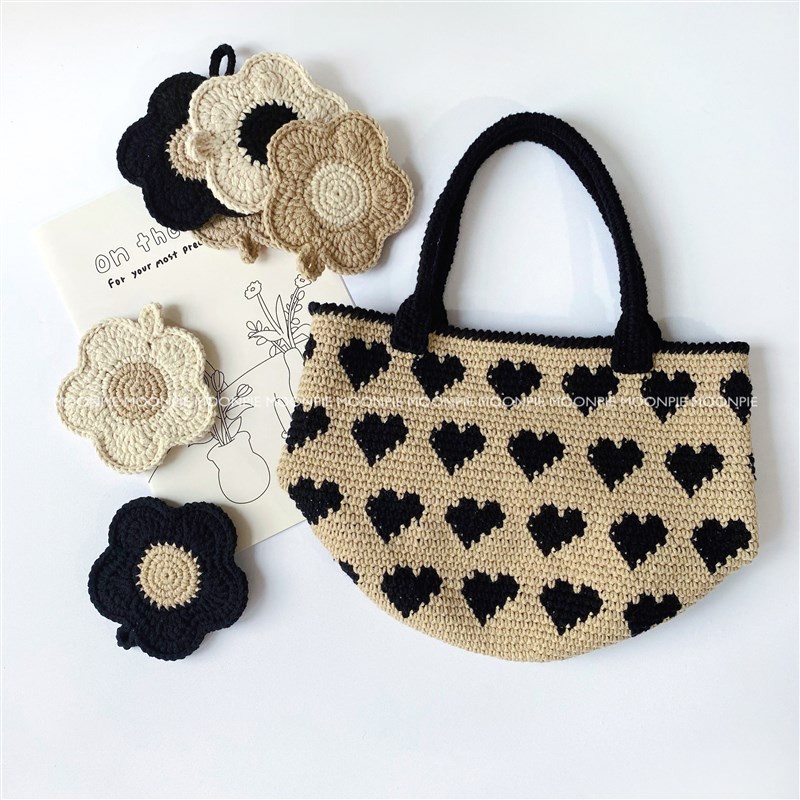 moonpie手工编织材料包  甜酷女孩爱心手拎包手提包diy毛线包