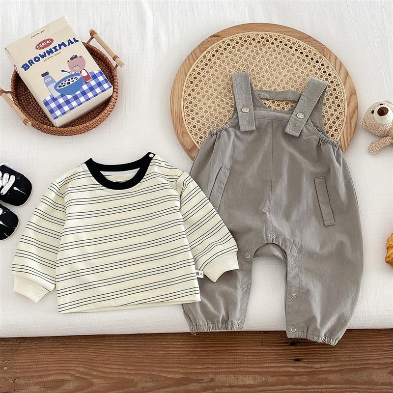 男宝宝背带裤套装洋气韩版时尚条纹打底衫简约婴儿连体衣外出服春