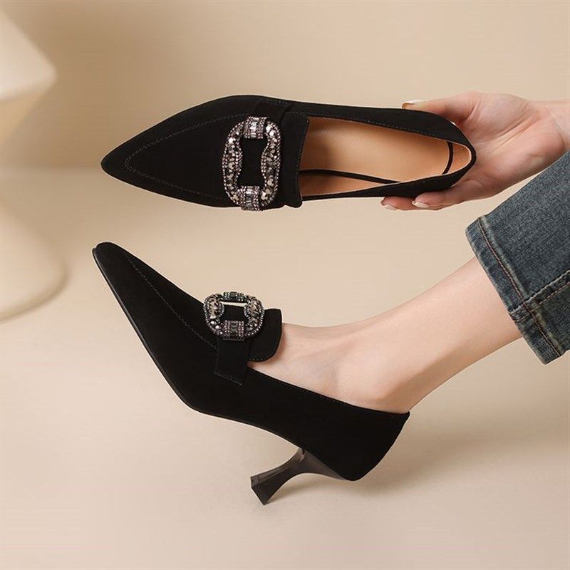 2025气质春秋新款尖头方扣水钻深口高跟单鞋女细跟不累脚女鞋,女鞋,深口单鞋,淘宝优惠券,粉丝福利购,淘宝优惠卷