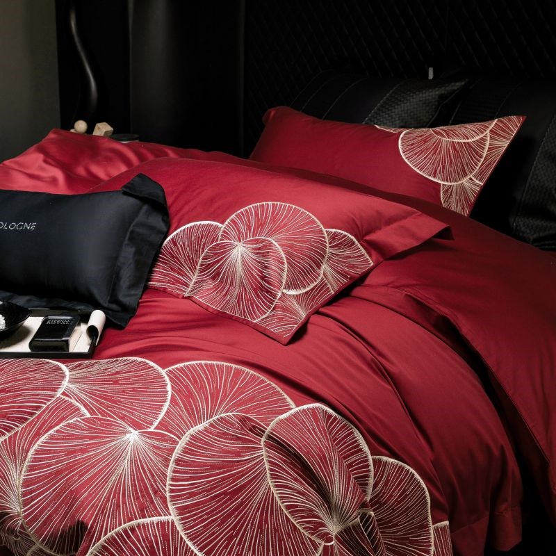 现代文艺风婚庆大红全棉素色绣花四件套纯棉100支美式酒店风床品