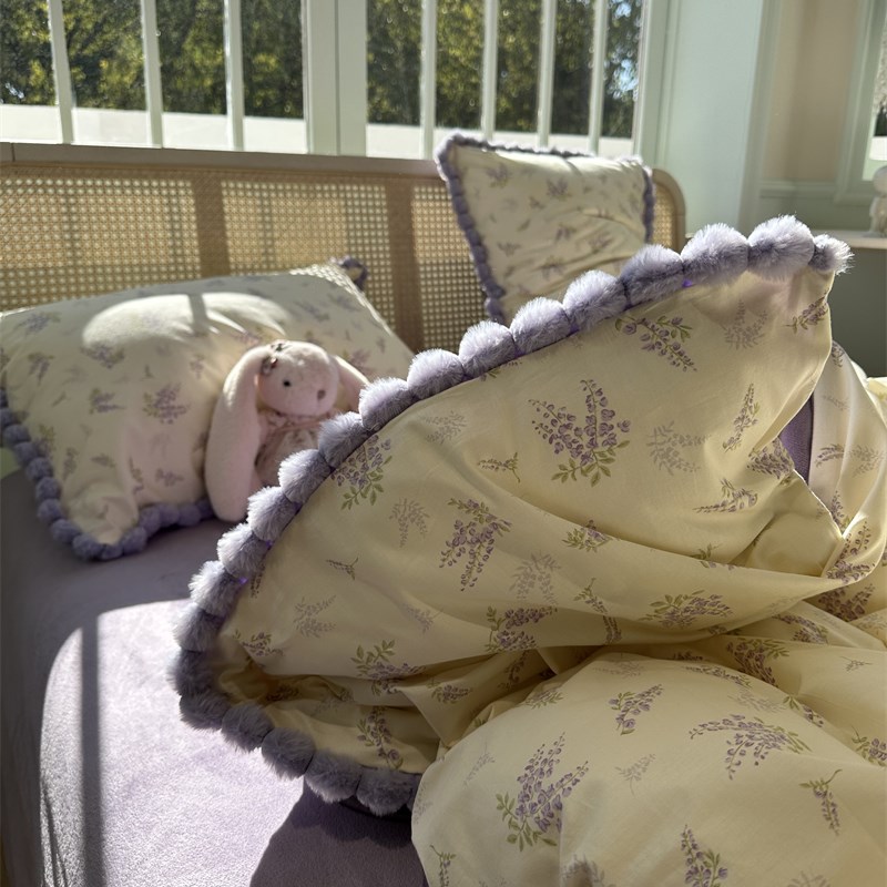 少女心温柔豆豆花边棉加绒四件套A面全棉纯棉B面宝宝绒紫色小碎花