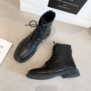 ann马丁靴女2024新款 百搭秋冬黑色短靴平底英伦风系带显瘦机车靴