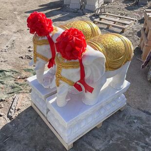 汉白玉泰式描金石雕小象家居门口汉白玉石象一对企业门口吉祥摆件