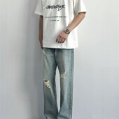 浅蓝色显瘦显高休闲长裤 ONUN复古水洗做旧破洞宽松直筒牛仔裤 美式