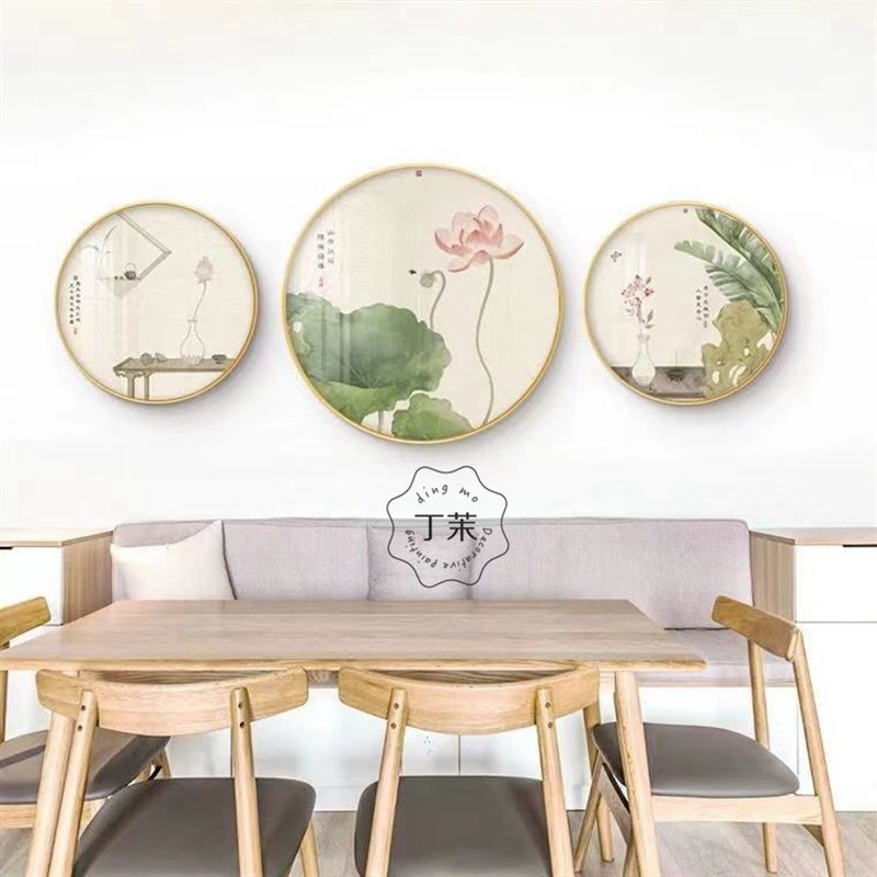 新中式禅意荷花客厅装饰画茶室卧室床头壁画餐厅玄关走廊圆形挂画图片
