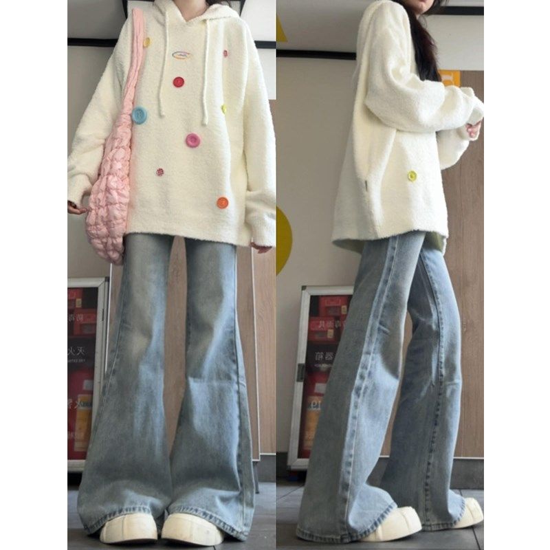 浅蓝色微喇叭牛仔裤女春秋2024新款小个子显瘦高腰直筒宽松阔腿裤