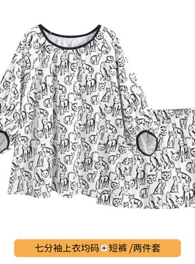 纯棉睡衣套装家居服七分袖女卡通加肥加大薄卡通碎花长裤休闲短裤