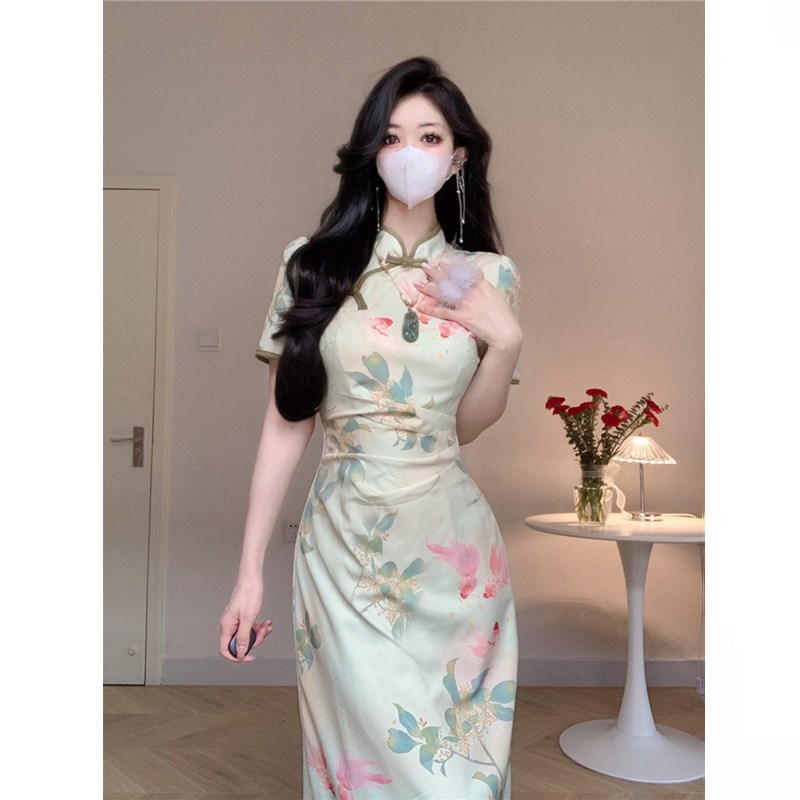 大码胖mm新中式国风盘扣立领褶皱收腰碎花连衣裙女显瘦改良旗袍裙
