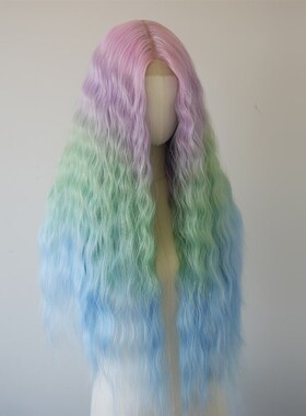 前额蕾丝假发手钩t型勾全头套中分刘海粉紫绿蓝色渐变羊毛卷长发