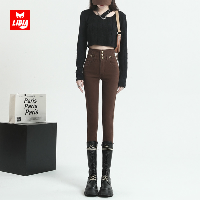 小脚裤咖啡色紧身牛仔裤女春季弹力高腰显瘦女士外穿铅笔裤子春季