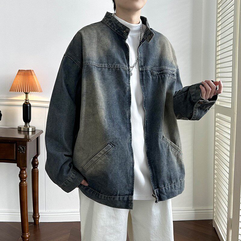 复古水洗做旧立领牛仔外套男女春秋季高级感宽松拉链工装夹克上衣
