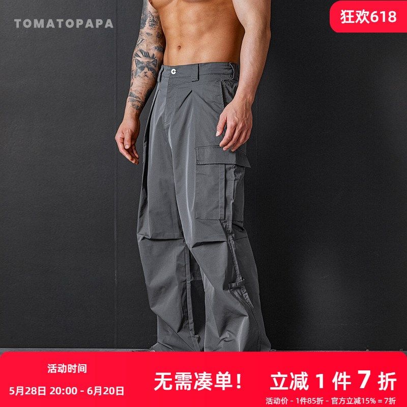 TOMATOPAPA街头复古多褶皱工装裤降落伞兵裤宽松阔腿休闲直筒裤