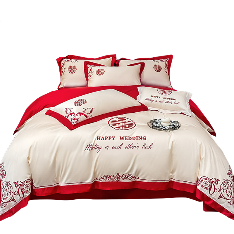 高档全棉长绒棉婚庆喜嫁床上用品四件套纯棉红色被套床单六件套八
