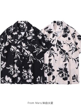 From Mars 黑白相扣 港风复古满印短袖衬衫男女夏季宽松休闲上衣