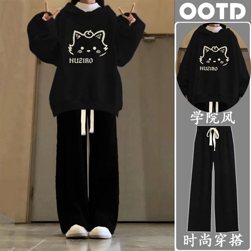 初中生高中生少女2025秋冬新款套装甜美过年红色卫衣阔腿裤两件套