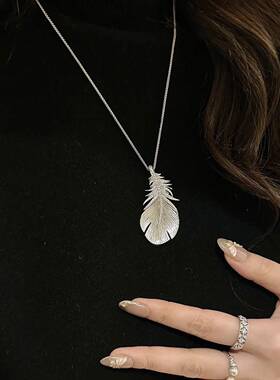 法式轻奢满钻羽毛吊坠项链拉丝工艺高级设计百搭气质高保色锁骨链