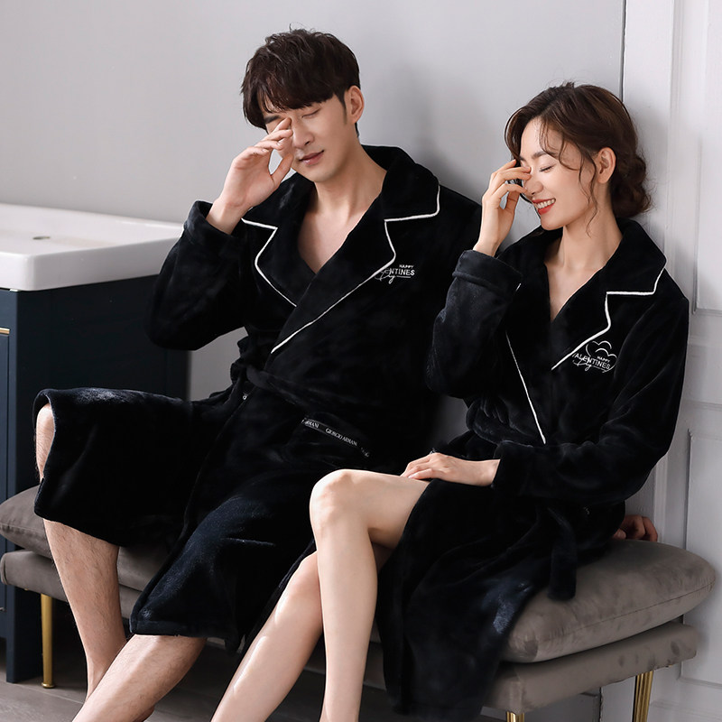秋冬季珊瑚绒情侣睡袍睡衣女士加绒加厚浴袍中长款法兰绒春秋男款