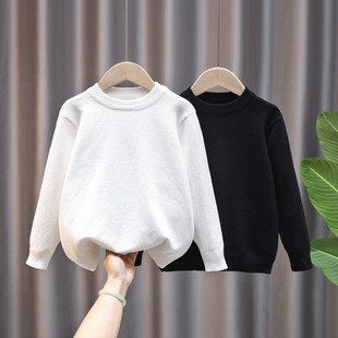 男童套头毛衣秋冬款加绒加厚纯棉女童白色毛衣圆领保暖毛衣打底衫