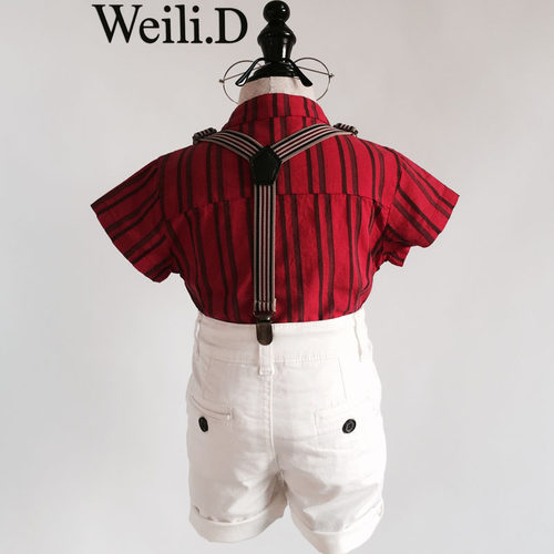 男童周岁红色礼服男宝宝生日宴会花童立领短袖衬衫儿童英伦风套装