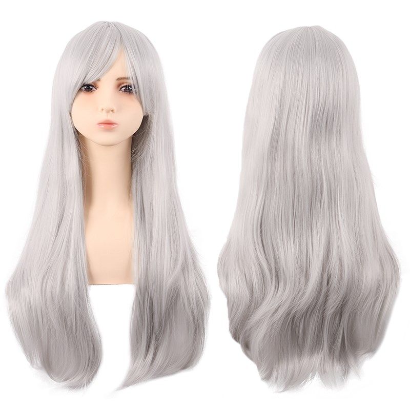 潼漫 cos假发女微卷长发动漫高温丝玫浅灰银灰色齐斜刘海万用全头