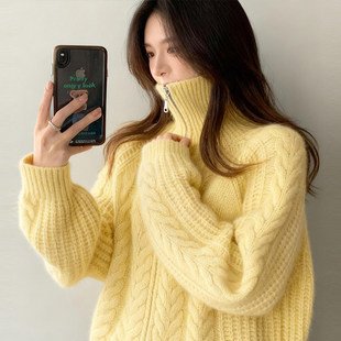 黄色双拉链高领针织开衫外套绞花纹毛衣女冬季加厚慵懒高级感上衣