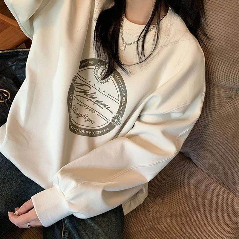 原宿BF加绒加厚套头圆领卫衣女学生盐系宽松上衣秋冬季外套慵懒风