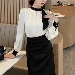 蝴蝶结撞色衬衫 法式 新款 裙女2025春季 高腰开叉半身裙两件套 套装