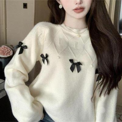 法式小香风蝴蝶结毛衣女秋冬高级感别致小个子针织打底衫内搭上衣