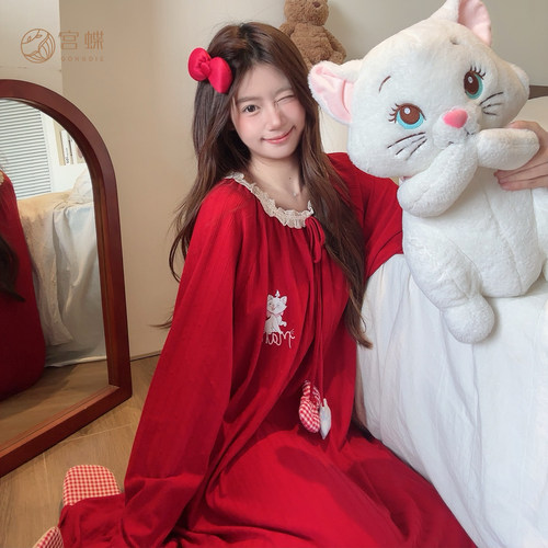 宫蝶【轻柔软】迪士尼玛丽猫情侣红色新婚睡衣女睡裙秋纯棉长袖男